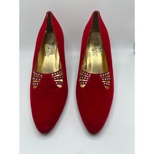 Vintage PM Collection Red Suede Rhinestone Accent Heels‎ Size 7M Pointed Toe